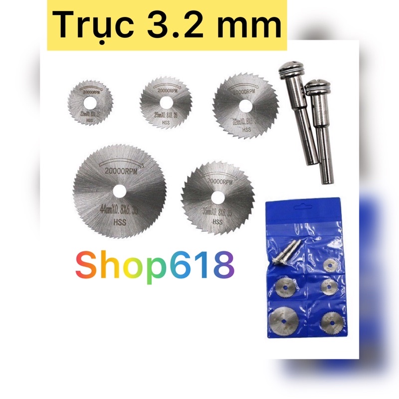 bộ Lưỡi cắt mini dùng cắt gỗ thép HSS (5 đĩa cắt răng + 2 chân cán 3.2mm) 7 chi tiêt