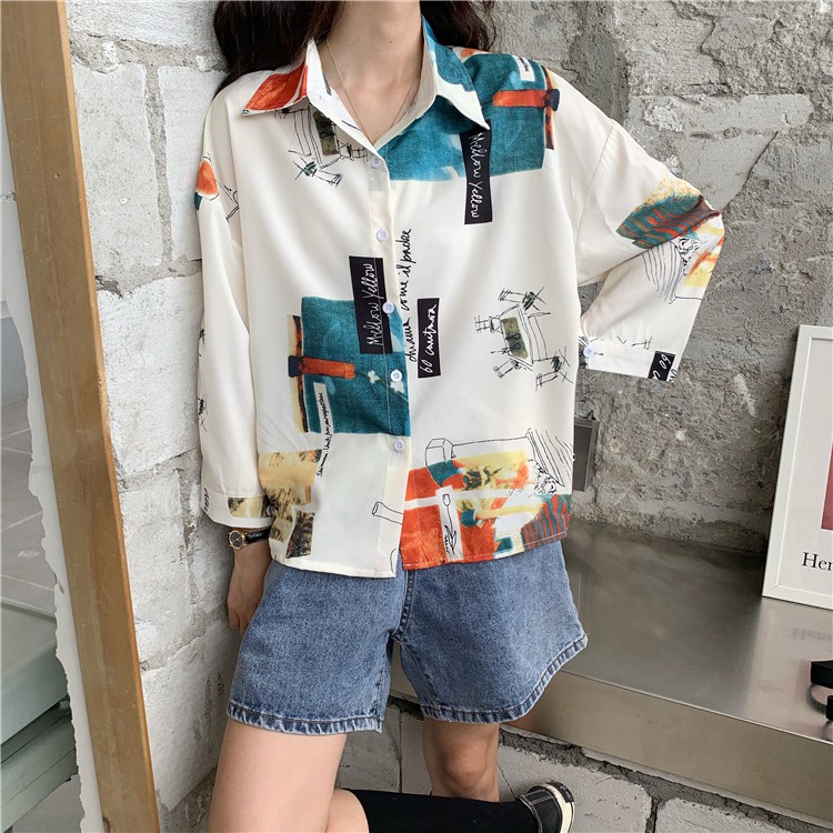 LEEVA - Áo sơ mi nữ dài tay in hình họa tiết phong cách Hàn Quốc: Hình dài