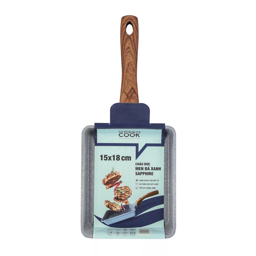 Chảo đúc đáy từ chữ nhật men đá xanh sapphire Green Cook GCP09-1518IH với 10 lớp chống dính an toàn cho sức khoẻ