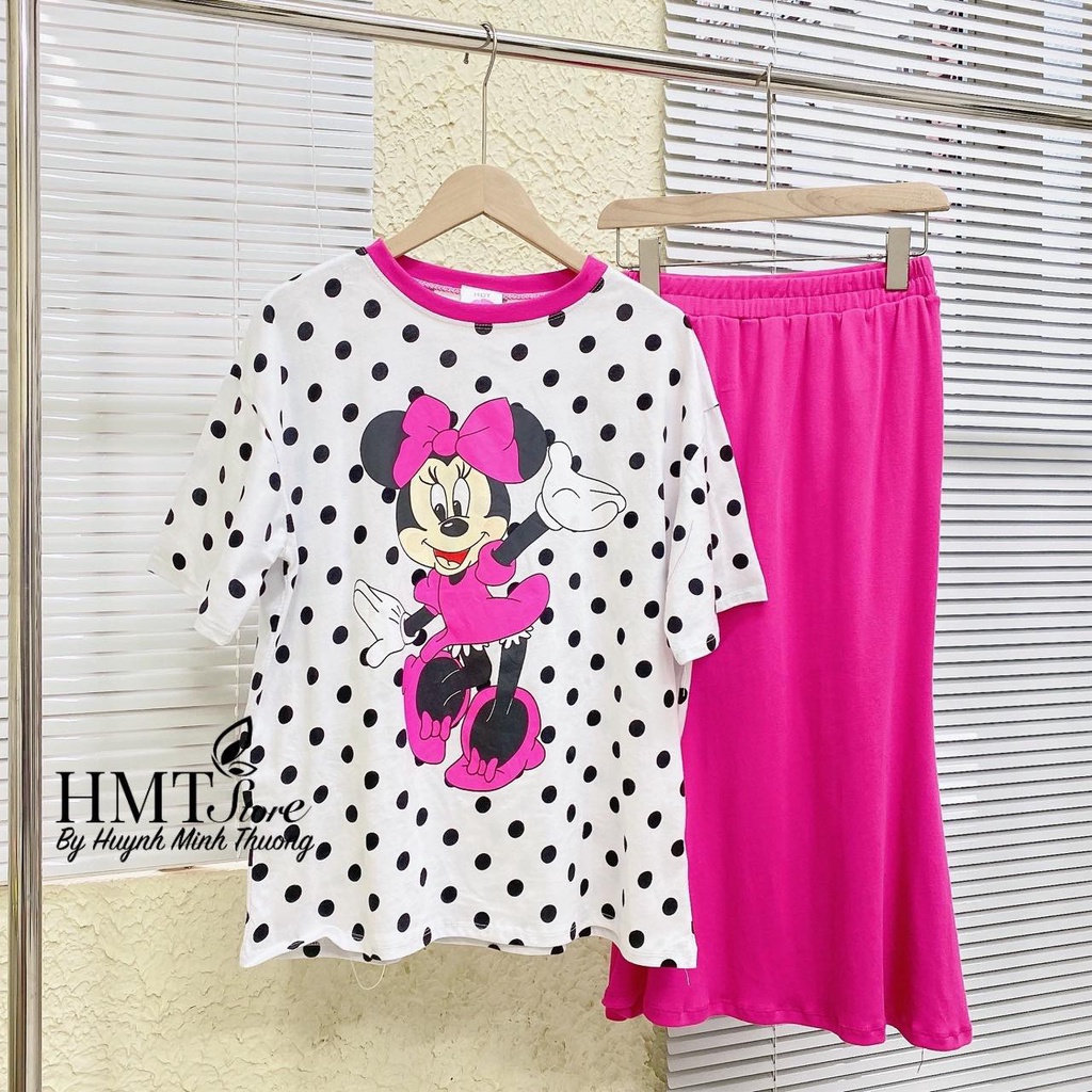 Set áo chấm bi mickey hồng chân váy đuôi cá