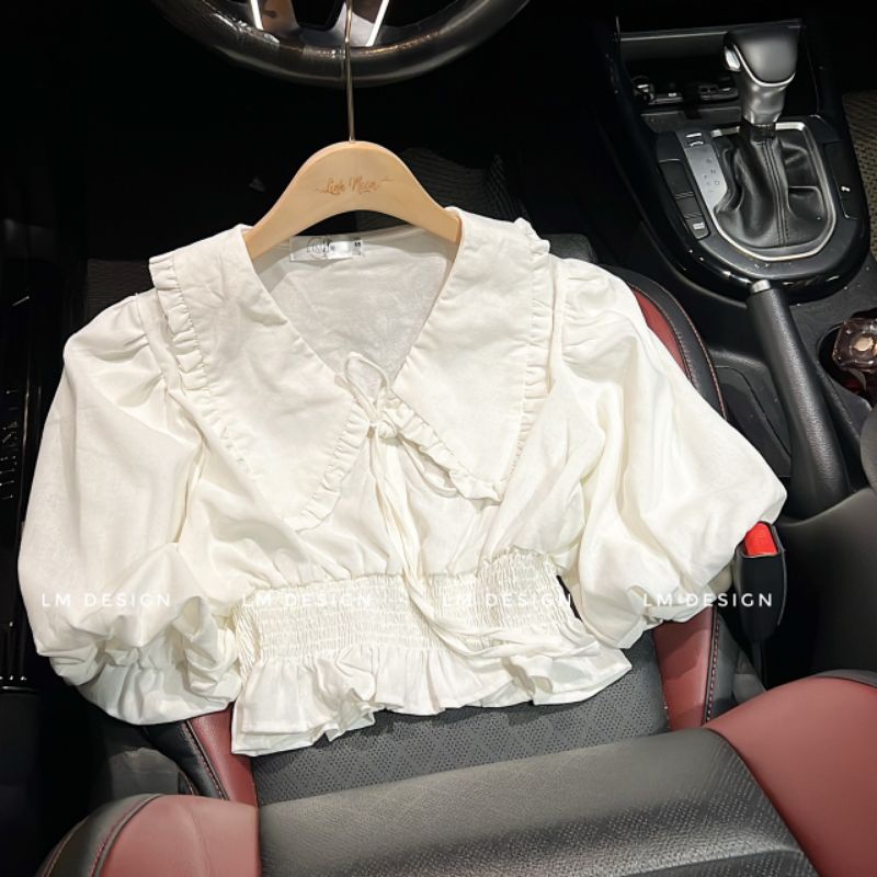 Áo croptop cổ sơ mi chun eo | BigBuy360 - bigbuy360.vn