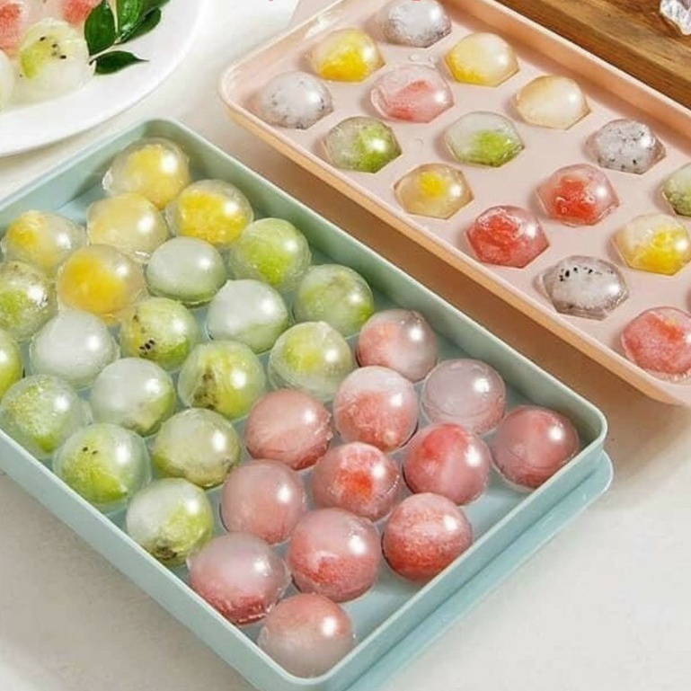 Khay đá bi tròn tủ lạnh 33 viên có nắp đậy Việt Nhật, Khuôn làm thạch hoa quả hình bi tròn ngộ nghĩnh - #khuonthachbi