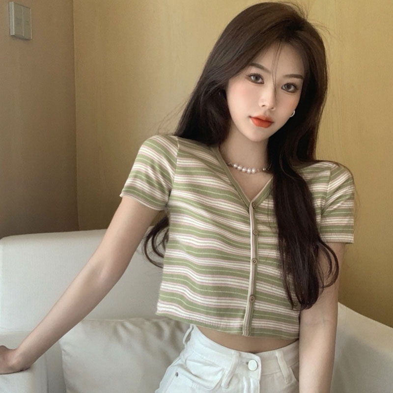 Áo thun YEYA cổ V ngắn trên eo dáng ôm cài nút thiết kế đơn giản thời trang cho nữ