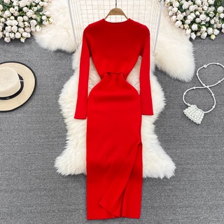 #2010 [Order] Đầm tay dài chất len dệt tôn dáng 8 màu xẻ tà khoét eo