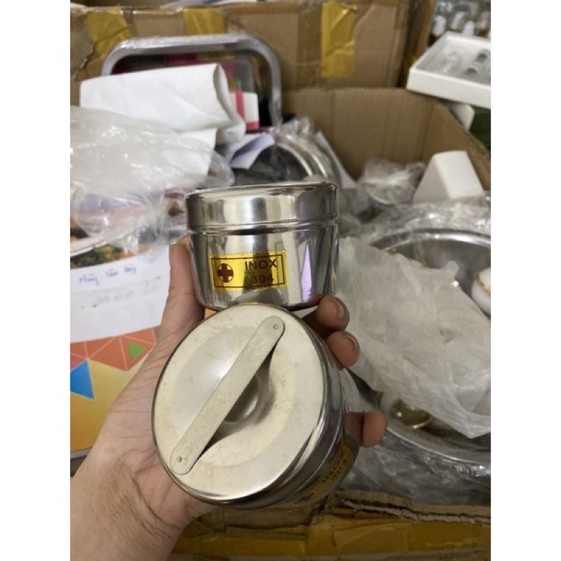Hũ đựng bông inox 8x8 loại đẹp k gỉ chuyên dùng spa,y tế
