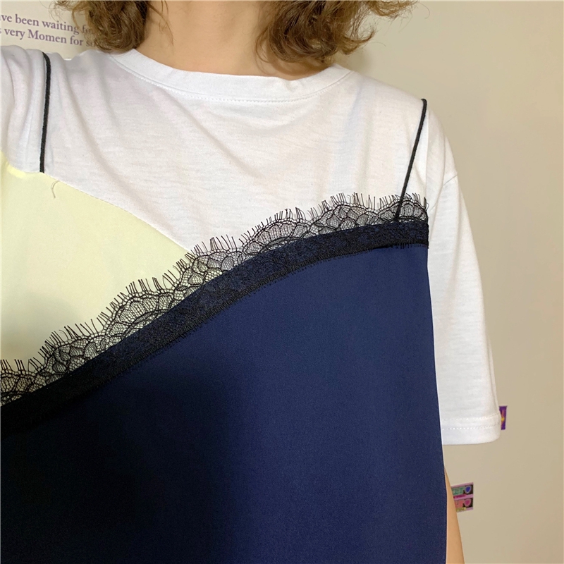 SUXI French Top Splicing Fashion Round Neck Cotton Short Sleeve Women's T-Shirt