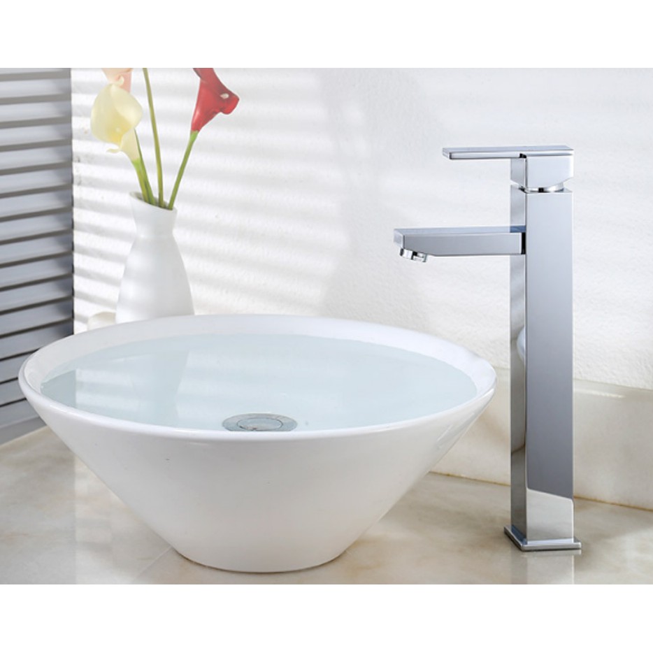 Vòi Lavabo nóng lạnh cao cấp vuông dài màu trắng - Inox 304 - Dùng cho Lavabo đặt bàn