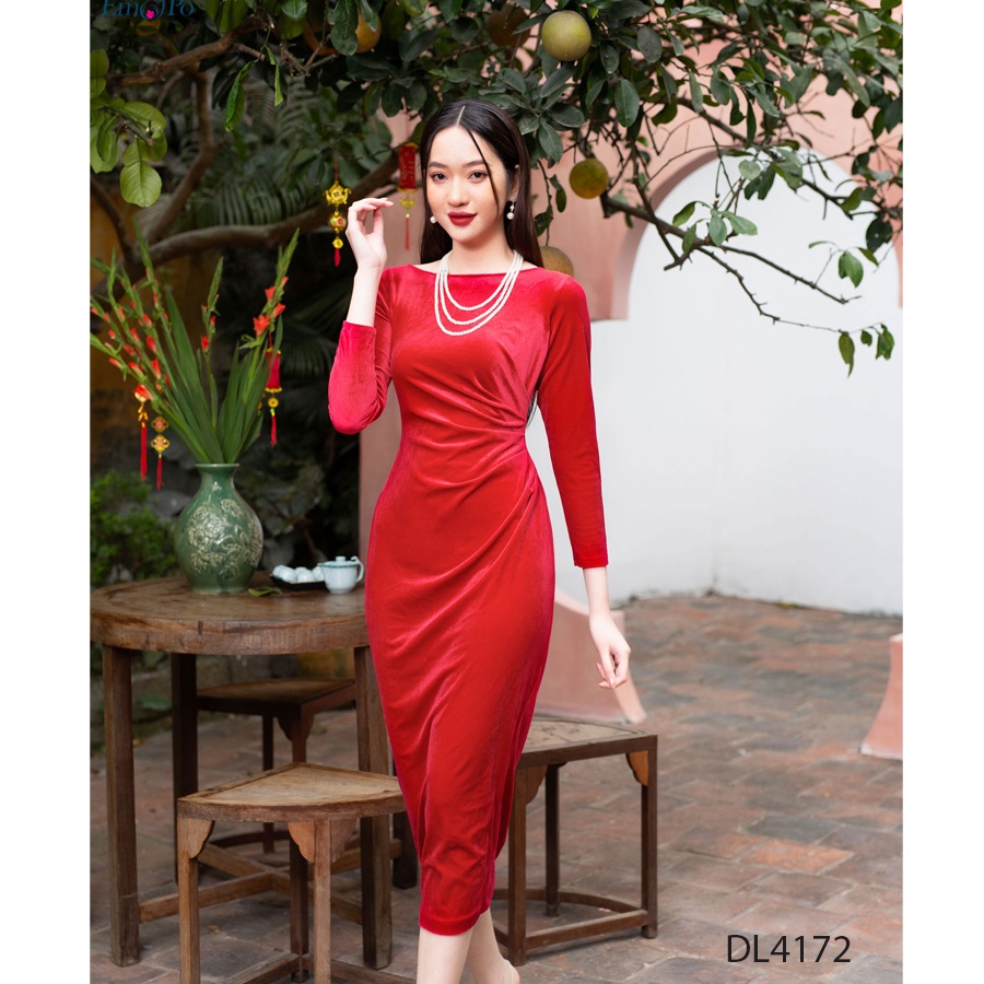 Đầm nhung, cổ tròn, rúm eo EMSPO DL4172