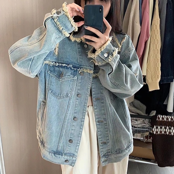 ZHELIHANGFEI Áo Khoác Denim Dài Tay Dáng Rộng Phối Túi Cá Tính Theo Phong Cách Retro Mỹ