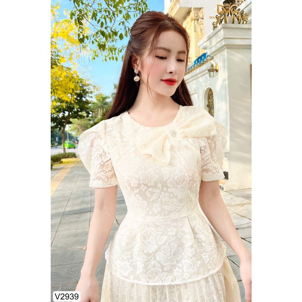 (KÈM ẢNH SÀN)VÁY REN BE CỔ TRÒN CHÂN XẾP LY V2939 - DOLCE VIVA COLLECTION