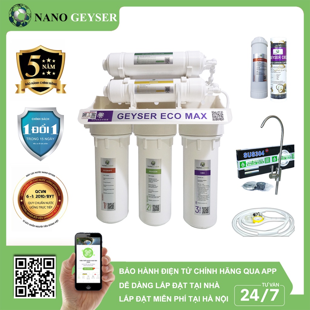 Máy lọc nước Nano Geyser ECO MAX 6 Cấp, Công nghệ lọc & diệt khuẩn kép, Không dùng điện