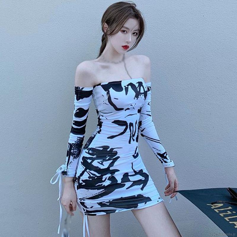 Đầm body nữ tay dài không dây trễ vai họa tiết tie-dye thời trang