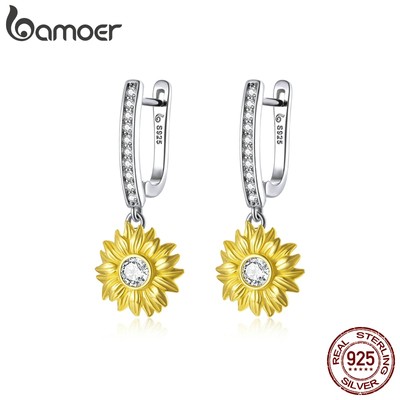 Bộ Trang Sức Bamoer Gồm Vòng cổ + Nhẫn + Bông Tai Bạc 925 Hình Hoa Hướng Dương Đính Đá CZ