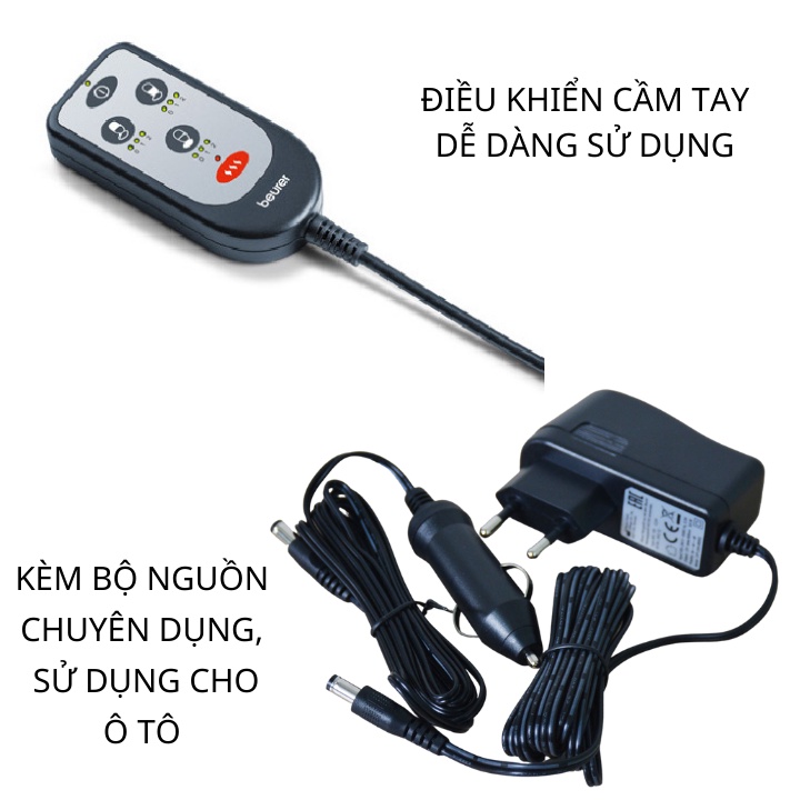 Đệm ghế massage ô tô beurer MG155, dễ dàng sử dụng với bộ chuyển đồi nguồn chuyên dụng dành cho ô tô