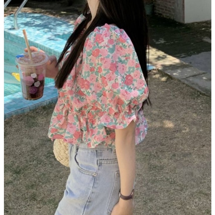 Áo Kiểu Trễ Vai Tay Phồng In Họa Tiết Hoa Thời Trang Mùa Hè 2022 Phong Cách Mới Cho Nữ