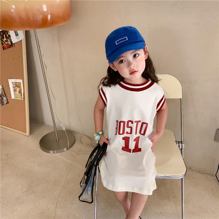 Đầm Cotton Chữ A Tay Lửng In Họa Tiết Bóng Rổ Thời Trang Mùa Hè Hàn Quốc Dành Cho Bé Gái