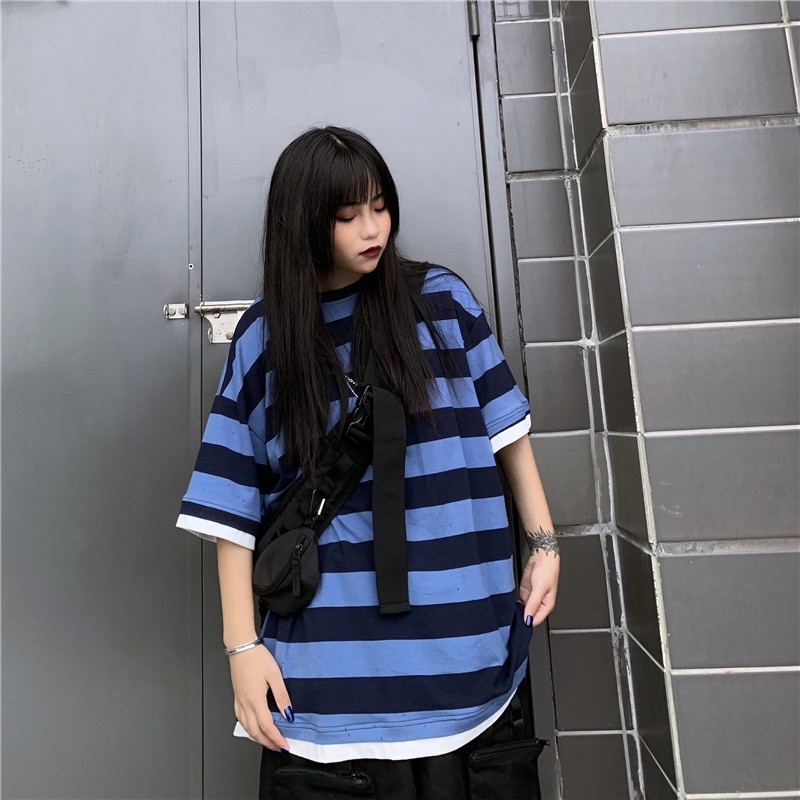 (CÓ SẴN) Set áo thun + quần short unisex ulzzang street style oversize form rộng áo sọc ngang xanh nam nữ cá tính