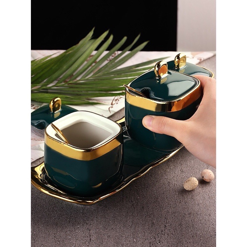 Set 3 hũ gia vị sứ màu xanh lục ngọc bảo hàng cao cấp