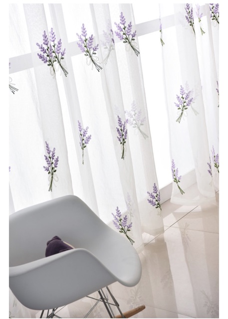 { Nhiều Kích Thước } Rèm Voan Thêu Hoa Lavender - Rèm Voan Thêu Hoa Oải Hương