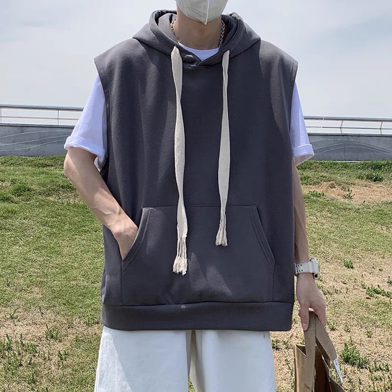 Áo Hoodie  form rộng trơn sát nách có mũ trùm đầu phối dây dài Áo HOODIE cổ tròn khồng tay nam nữ đều mặc mùa  thu đông