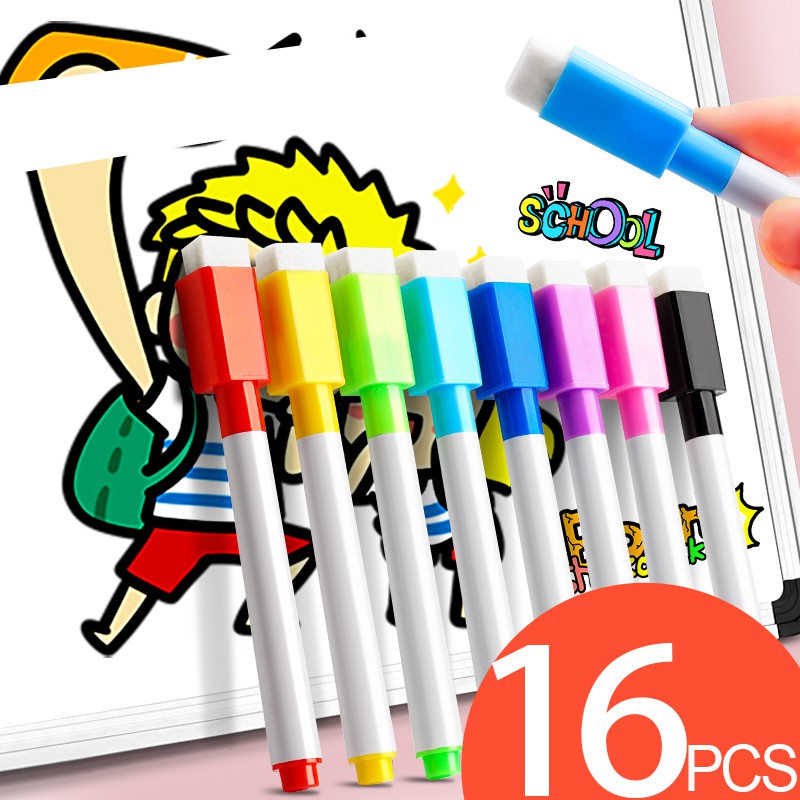 Set 16, 8 màu sắc bút lông viết bảng Licao có cục tẩy và nam châm kích thước nhỏ gọn tiện dụng cho trẻ em/học sinh/văn phòng