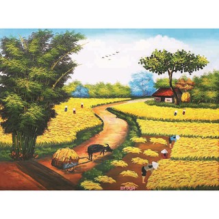 Tranh dán tường Tranh đồng quê mùa gặt quê em, tranh dán tường 3d hiện đại - tích hợp sẵn keo