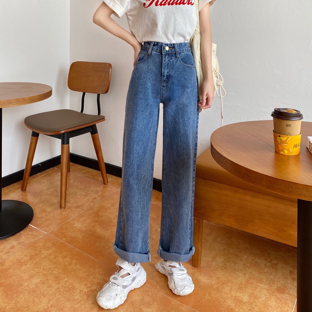 Quần jean ống rộng lưng cao phong cách xuân thu trẻ trung cho nữ