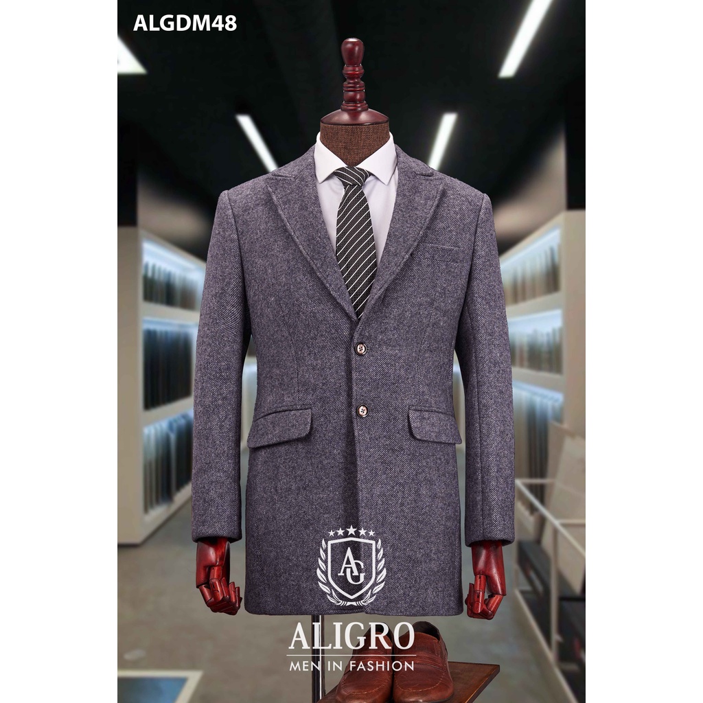 Áo dạ dáng dài nam Aligro màu ghi đậm, chất liệu dạ cao cấp, dày, mềm giữ ấm ALGDM48