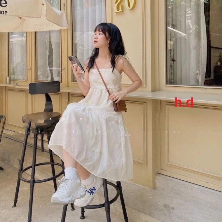 Váy hai dây buộc nơ vai hai màu basic dáng suông xòe tiểu thư dễ mặc freesize phom rộng đi biển