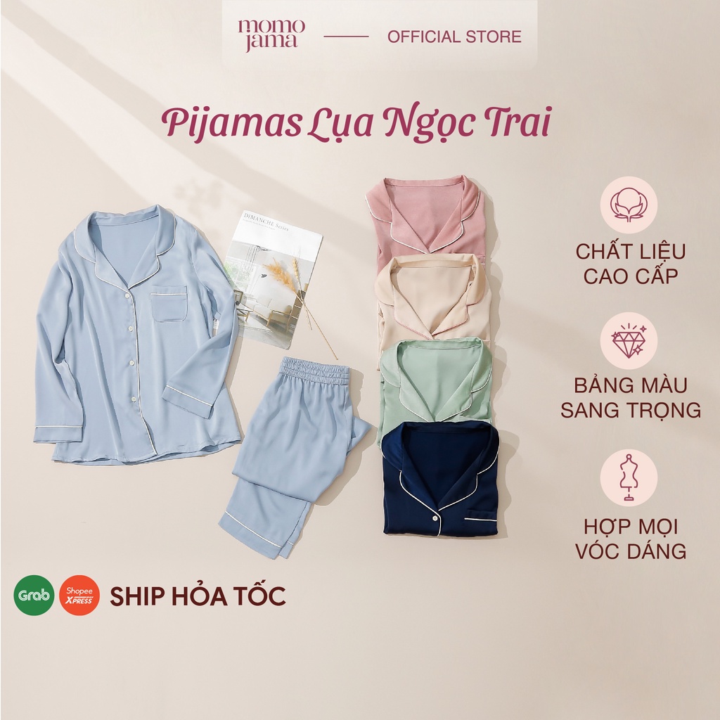Bộ Pijama mặc nhà lụa ngọc trai cao cấp MOMOJAMA áo dài quần dài, thanh lịch size