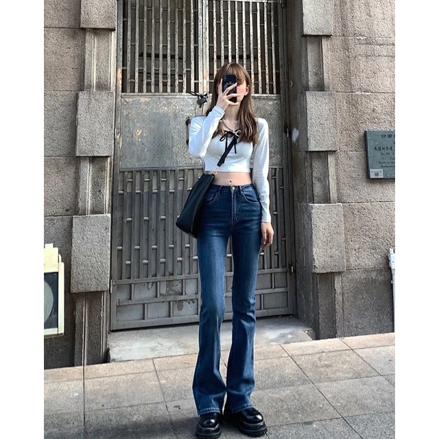 Quần Jeans Nữ Ống Loe Màu Xanh Đen Nâu Cạp Cao Chất Jean Kaki Loại 1 Co Dãn Đàn Hồi Cá Tính Phong Cách Retro