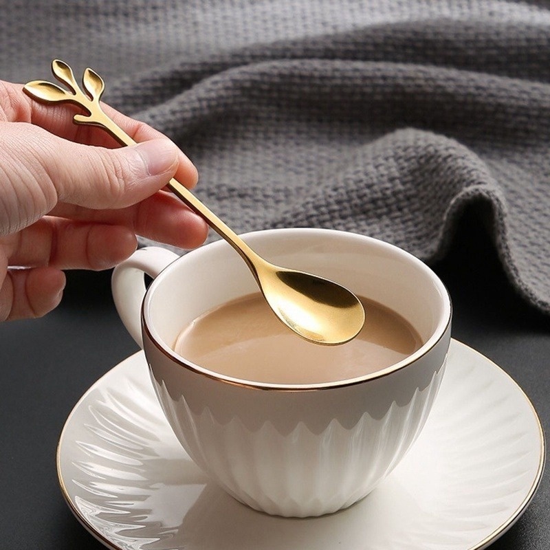 1 Muỗng/Nĩa/Muỗng/Nĩa Hình Cành Lá Bằng Thép Không Gỉ Độc Đáo Trang Trí Món Tráng Miệng