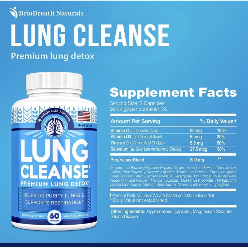 Viên uống thuần chay Lung Cleanse and detox Briobreath Naturals hỗ trợ thải độc phổi 60 viên USA