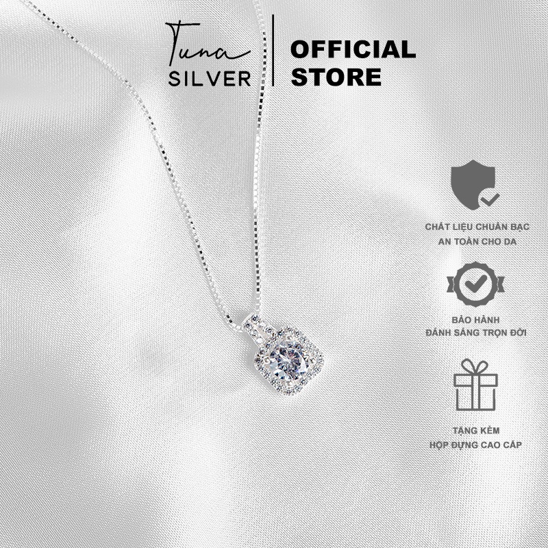 Dây chuyền Bạc gắn đá pha lê mặt vuông full đá cỡ lớn, Vòng cổ Bạc cao cấp 𝐂𝐚𝐦 𝐤𝐞̂́𝐭 𝐜𝐡𝐮𝐚̂̉𝐧 𝐁𝐚̣𝐜 TUNA SILVER