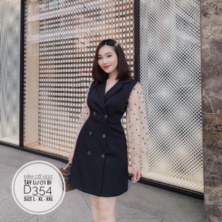 Bigsize Đầm cổ vest tay lưới bi D354
