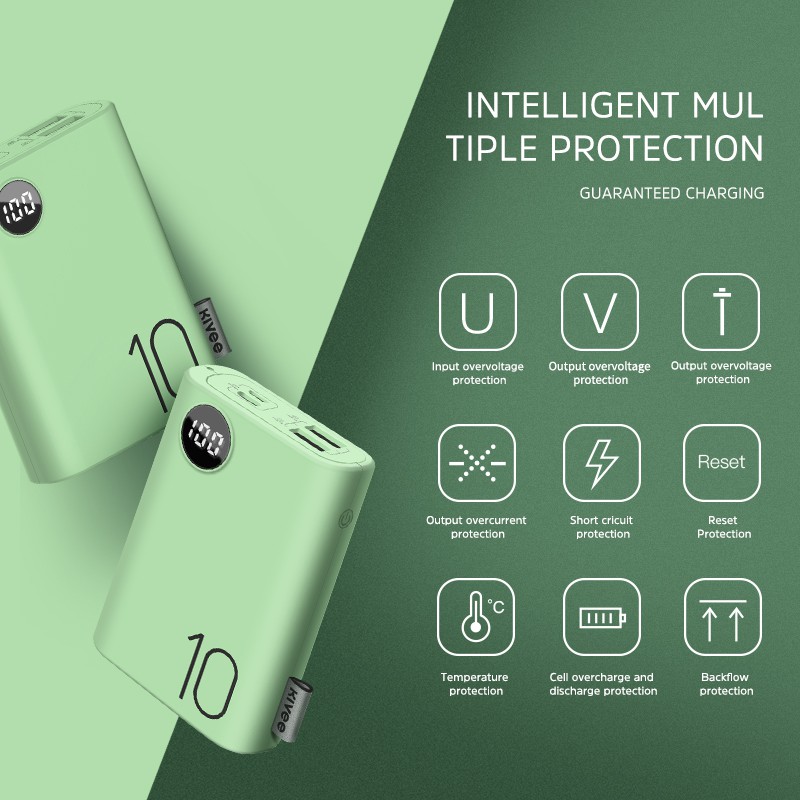 【Quà tặng: Quạt USB】 KIVEE PF23P 10000mAh Power Bank, Dual USB Ports with LED Light for Charging iPhone / Xiaomi  / Huawei / Samsung