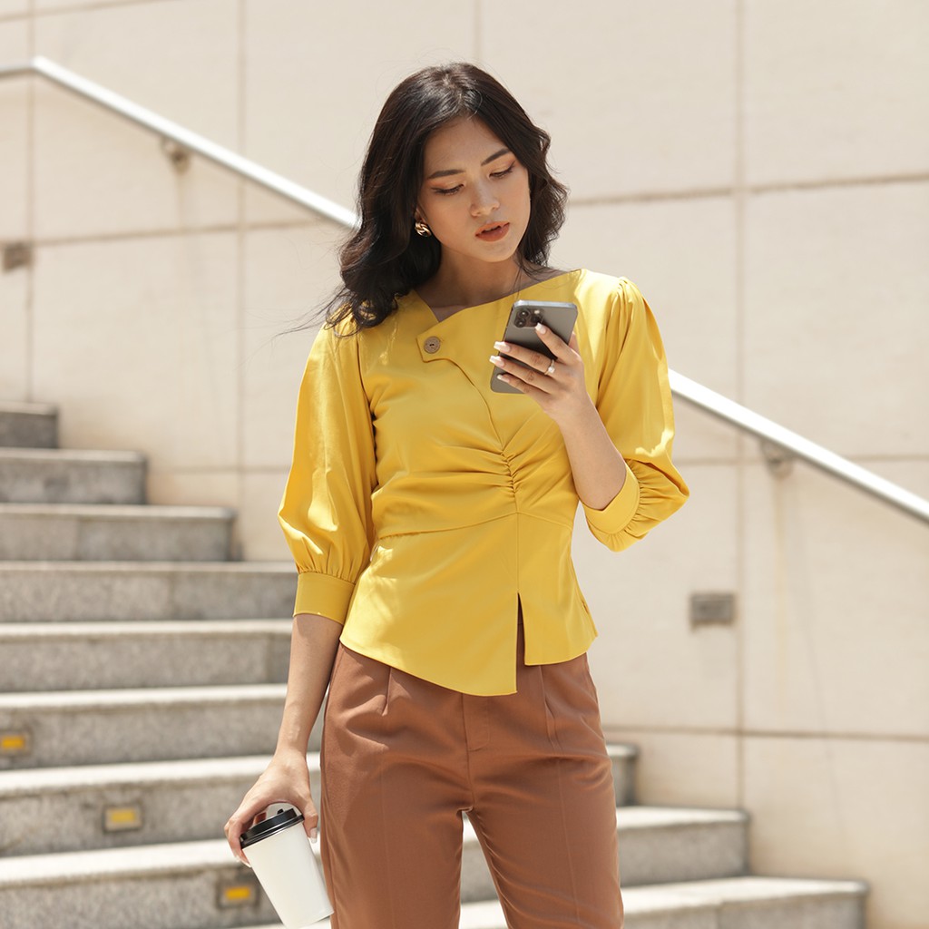 Áo kiểu công sở thời trang Eden dáng ngắn cổ cách điệu tay lửng dây kéo hông chất liệu mềm mịn không nhăn - ASM052