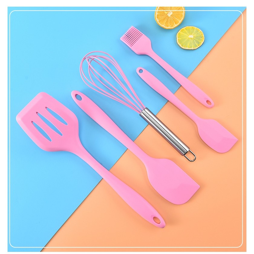 Bộ Dụng Cụ Làm Bánh Silicon Gồm 1 Chổi + 2 cây Vét Bột + 1 Đánh Trứng + 1 Xẻng Silicon