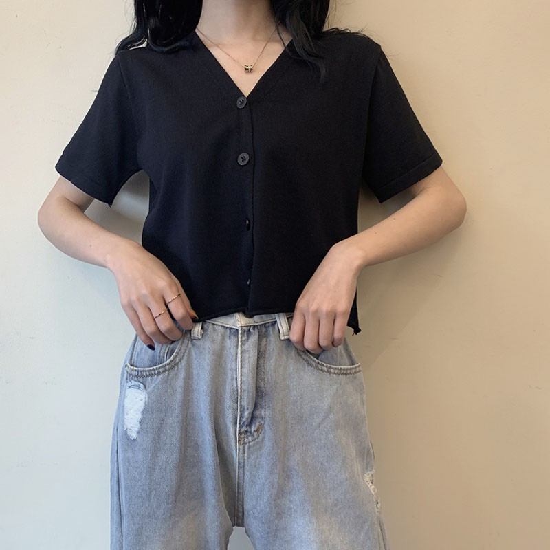 Áo len tay ngắn cổ chữ V vải lụa lạnh thời trang mùa hè dành cho nữ