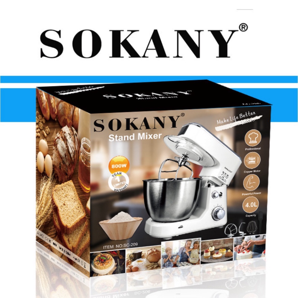 Máy nhào bột công nghiệp SOKANY 4L - 800W - Hàng cao cấp- Máy đánh trứng, trộn salad, nhột bột - Bảo hành 1 năm