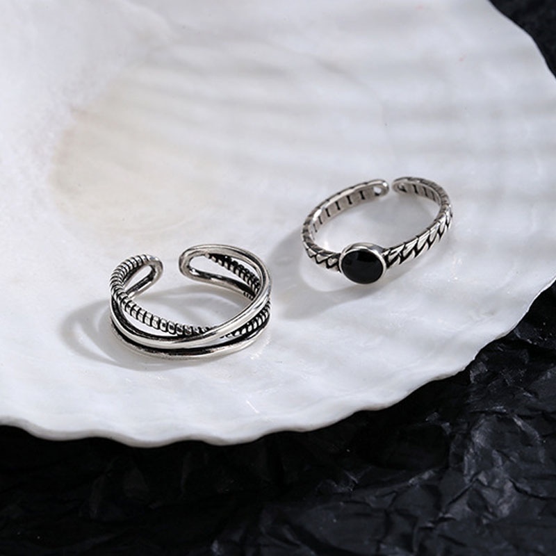 Nhẫn đeo ngón tay hai lớp dạng mở có thể điều chỉnh hình dấu chéo kẻ sọc đen phong cách Hip-hop Hàn Quốc đơn giản retro