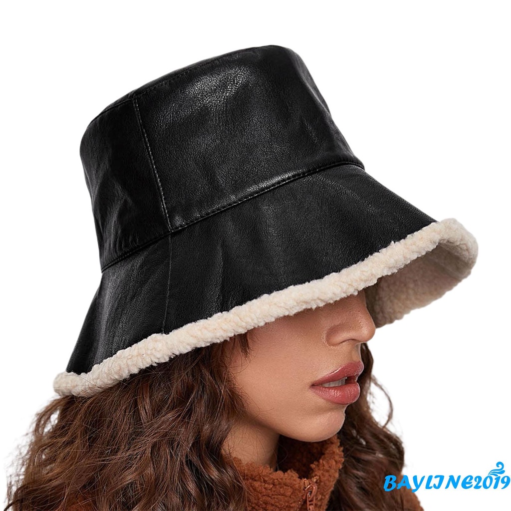 Mũ bucket da PU giữ ấm thời trang thu đông cho nữ