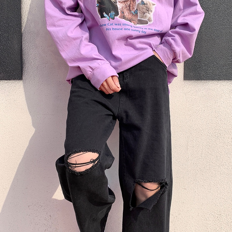 Quần jean nam ống rộng đen rách tam giác  phong cách