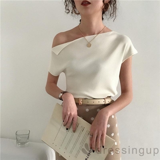 Áo Thun Tay Ngắn Lệch Vai Màu Trơn Cá Tính Cho Nữ Giới