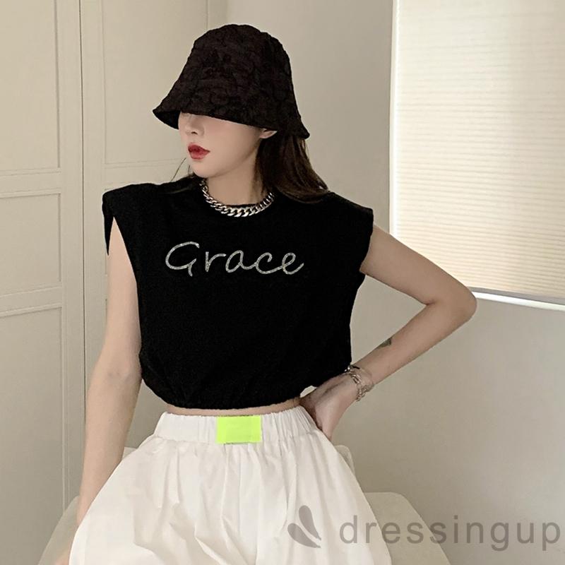 Áo Croptop Sát Nách Cổ Tròn Dáng Rộng Đính Đá In Chữ Cá Tính Cho Nữ