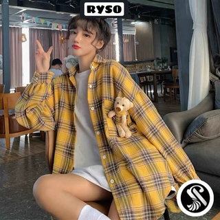 Áo sơ mi caro túi ulzzang gấu form rộng khoác ngoài