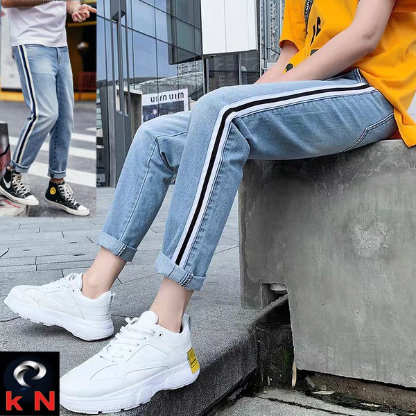 quần baggy jean sọc đen trắng(tặng kèm khẩu trang su 3D) style cá tính