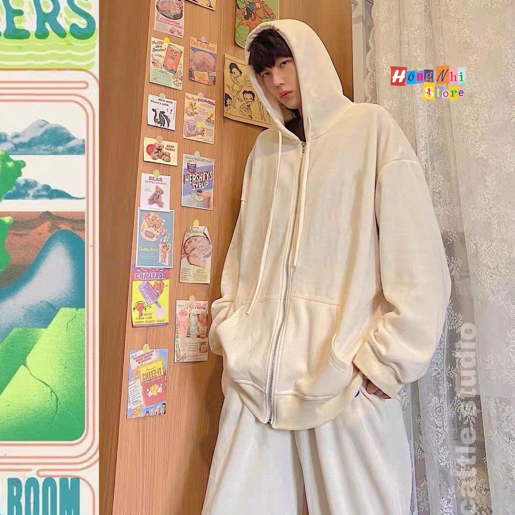 Áo Khoác Hoodie Zip Trơn Oversize Ulzzang Unisex Hoodie Dây Kéo Màu Kem Dáng Rộng - MM