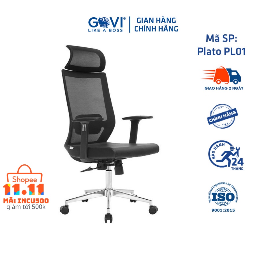 Ghế công thái học GOVI Ergonomic Plato PL01 Tựa đầu tựa tay cố định, Mâm ghế ngả lưng 90-135 độ, khóa cố định 3 vị trí