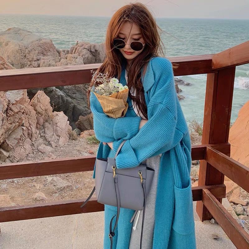 Áo Len Dài Có Ve Màu Xanh, Áo Khoác Cardigan Dệt Kim Rộng Rãi Cao Cấp